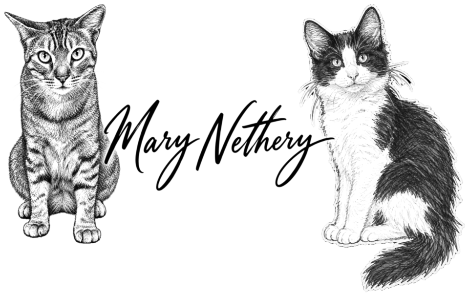 Mary Nethery, signed between drawings of her cats Remy Moss and Ruby Chanel