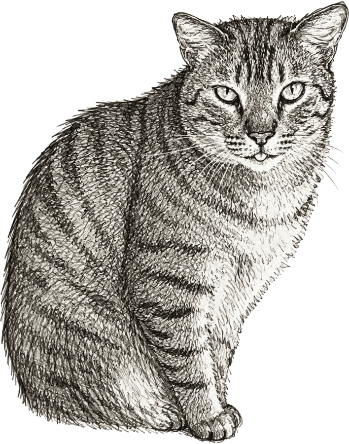 Mary&rsquo;s charcoal drawing of Remy Moss, a seated tabby cat looking toward the reader.